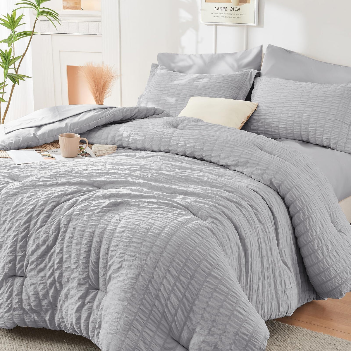 King Comforter Set - 7PCS Bed in a Bag, Seersucker Bedding Set, Dark Grey