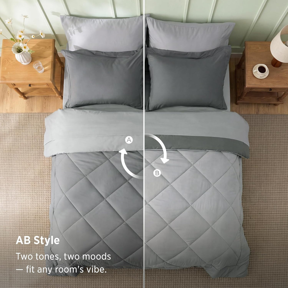 Bedsure Queen Bed in a Bag Reversible Bed Set 7 Pieces Grey/Light Grey