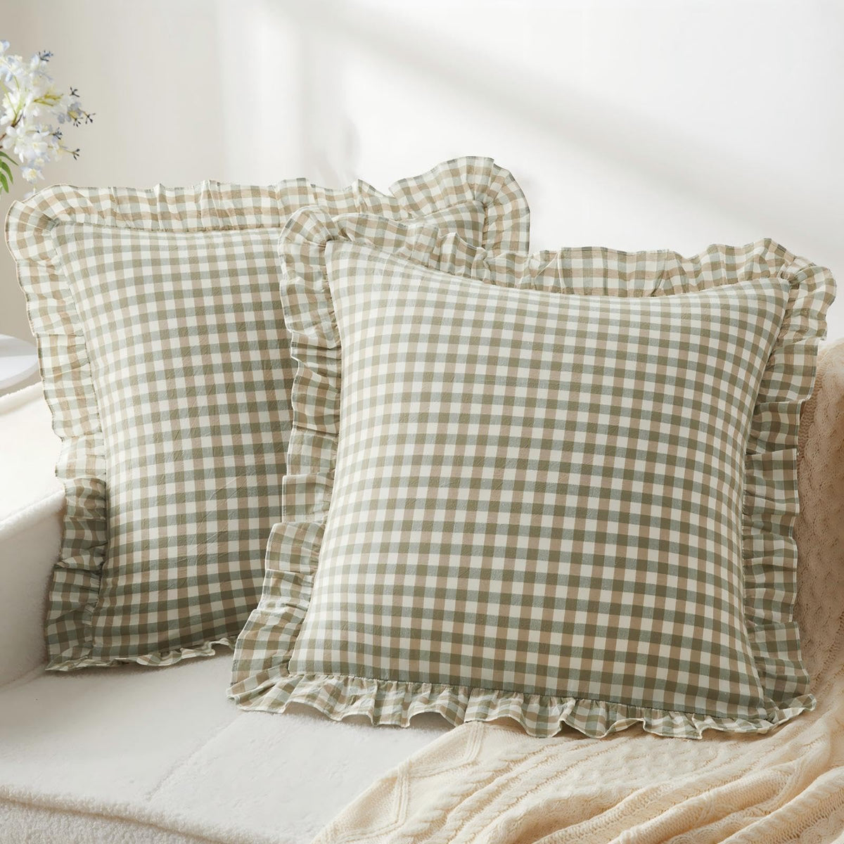 KKJIAF 2 Pcs Plaid Ruffle Pillow Case Standard Size, Sage Green Plaid