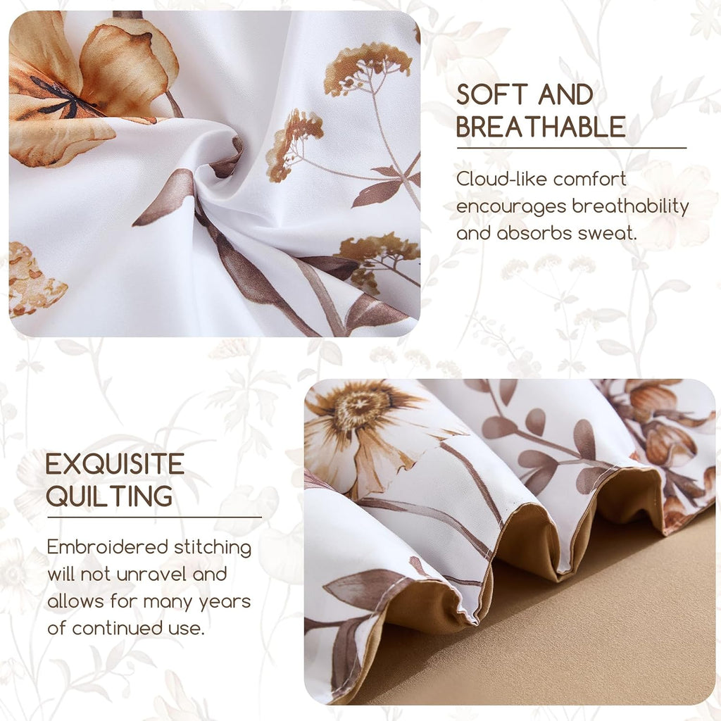DJY Floral Comforter Set Queen Size,Brown Botanical Bedding Sets