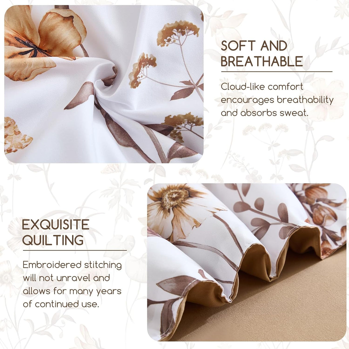 DJY Floral Comforter Set Queen Size,Brown Botanical Bedding Sets