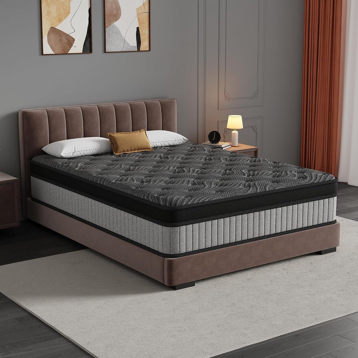 14-Inch Queen Size Mattress in a Box, 12-Zone Ergonomic Pocket Springs, Black Thermoregulating Knit Cover with Grey Side Panels, Precision Pressure Relief & Zero Motion Transfer