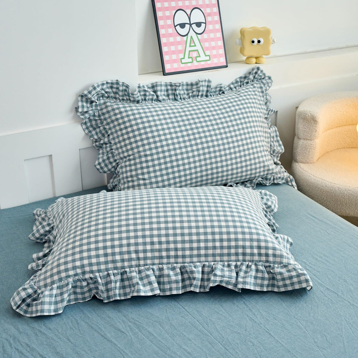 Tan Gingham Pillowcases Set Farmhouse Standard Size Pillow Shams Buffalo Taupe Plaid Pillowcases Set of 2, Grid Checkered Gingham Washed Cotton Pillow Covers with Envelope Closure, 20"×26"