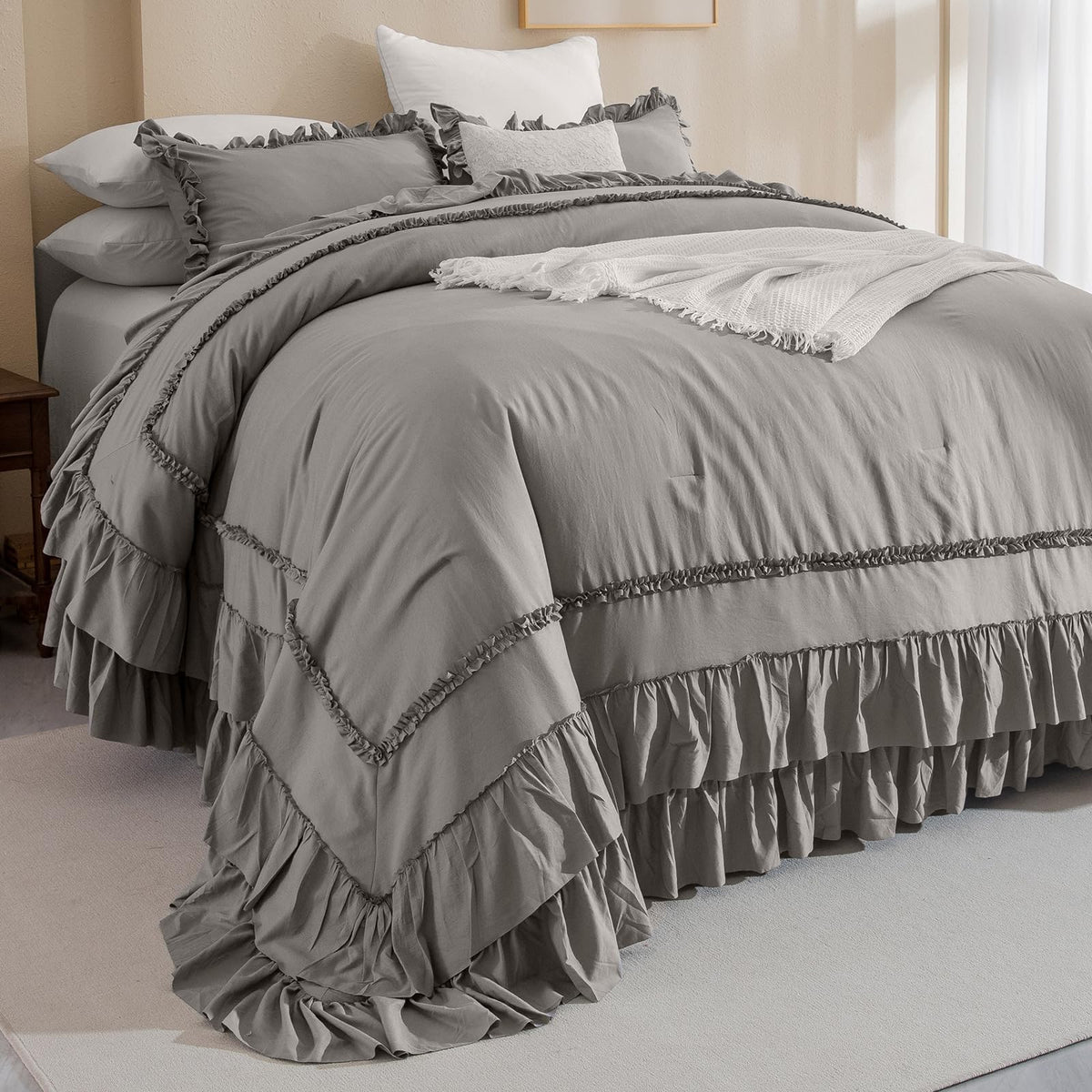 QSH Queen's House Light Blue Farmhouse Ruffled King Size Comforter Set,Lightweight Microfiber Inner Fill Fluffy Boho Chic Bedding Comforter,Ultra Soft Microfiber Inner Fill Bedding