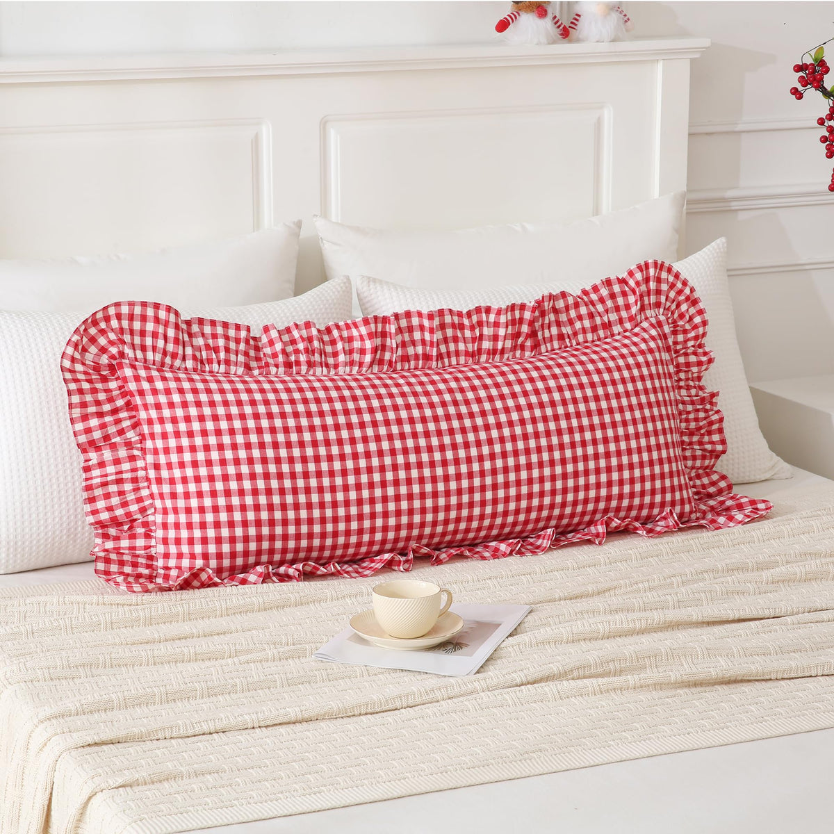 Taupe/White Plaid Ruffled Body Pillow Cover Washed Cotton 20"x54"