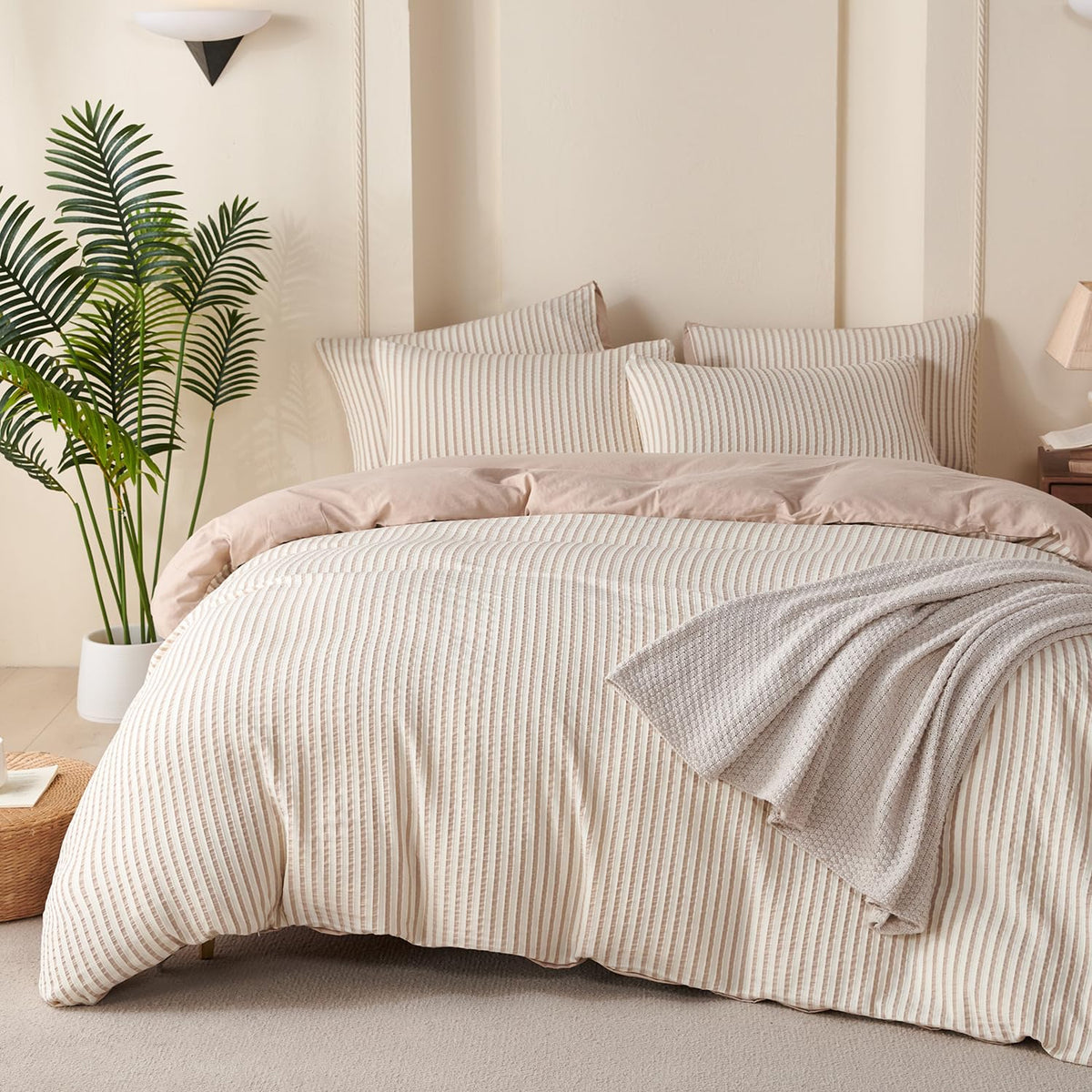 Comforter Set King Size Dusty Pink Soft Luxury Washed Microfiber Jacquard 3 Pieces Bedding Set, White Dusty Pink Vertical Ticking Stripes Comforter with 2 Pillowcases Breathable Durable Comfy