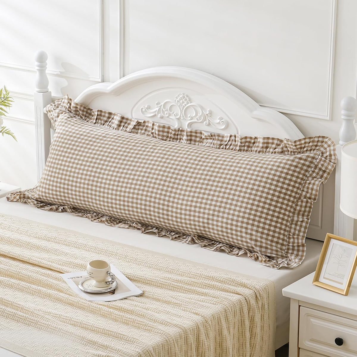 Taupe/White Plaid Ruffled Body Pillow Cover Washed Cotton 20"x54"