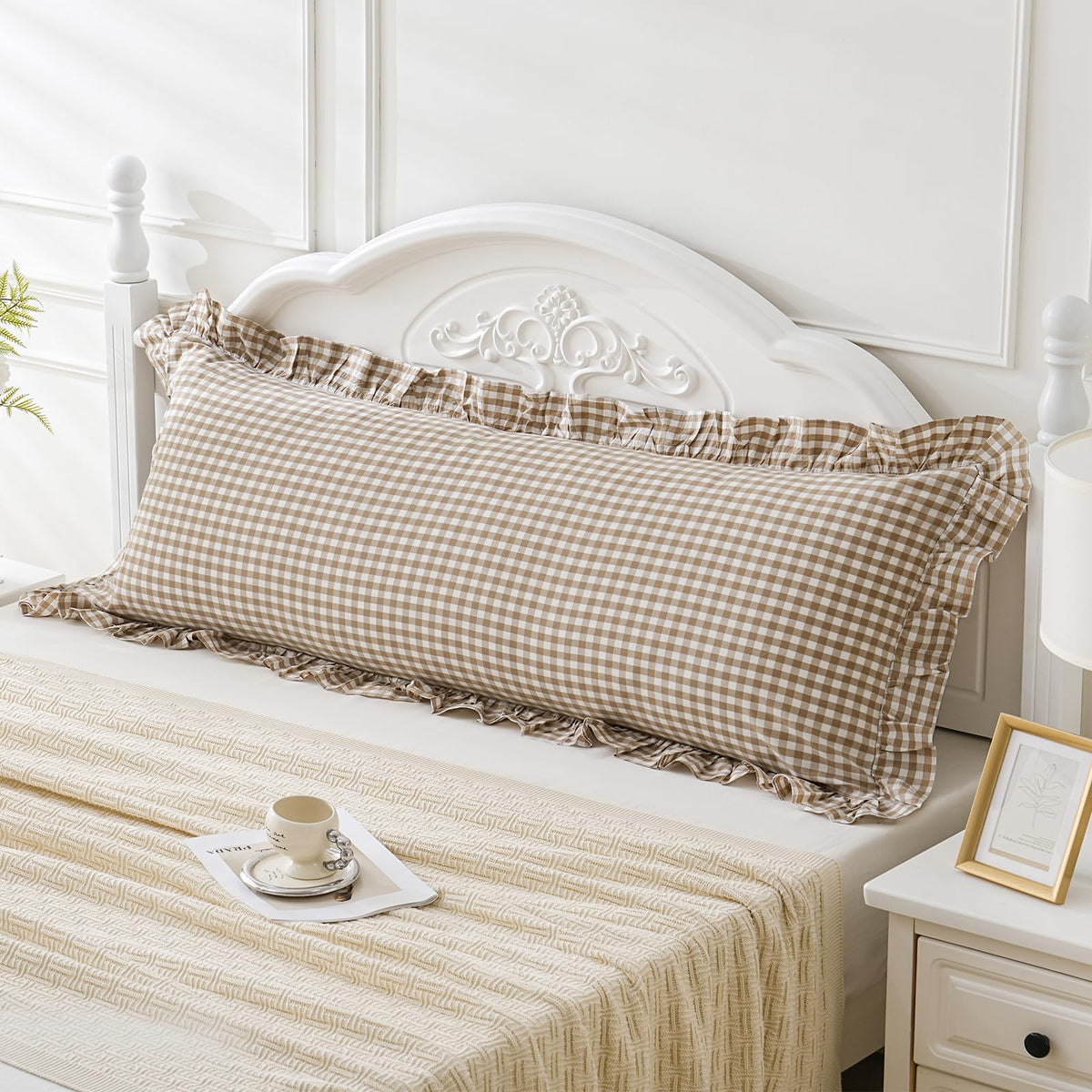 Taupe/White Plaid Ruffled Body Pillow Cover Washed Cotton 20"x54"