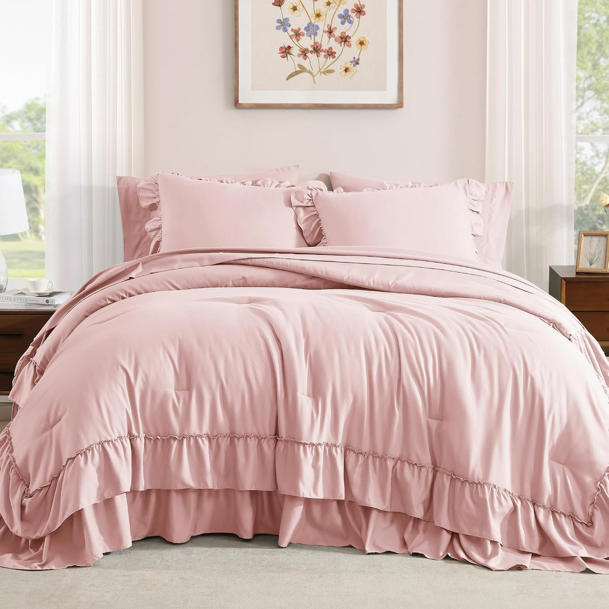 Queen Comforter Set Soft Pink Ruffle 7 Pieces Farmhouse Bed in a Bag