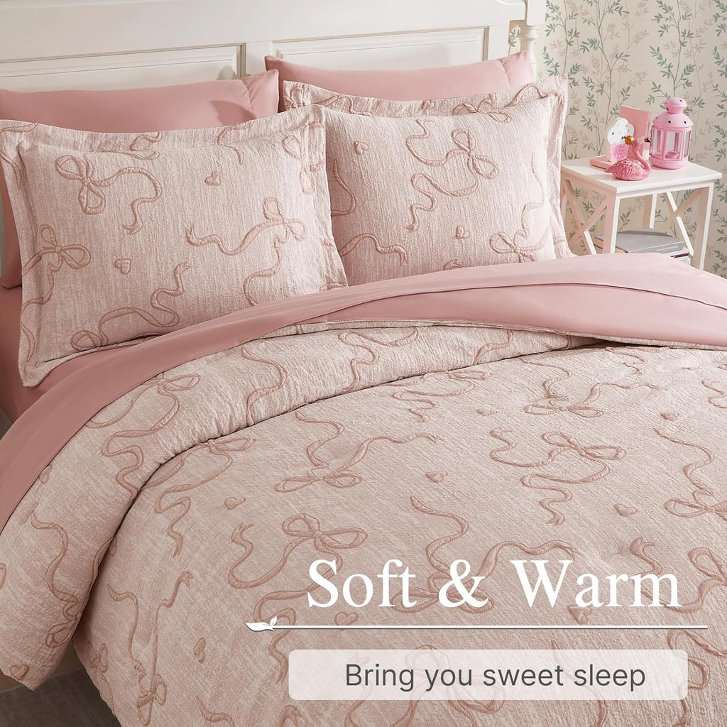 Queen Comforter Set - 7 Pieces Pink Bedding Set Bow Jacquard Bed in a Bag