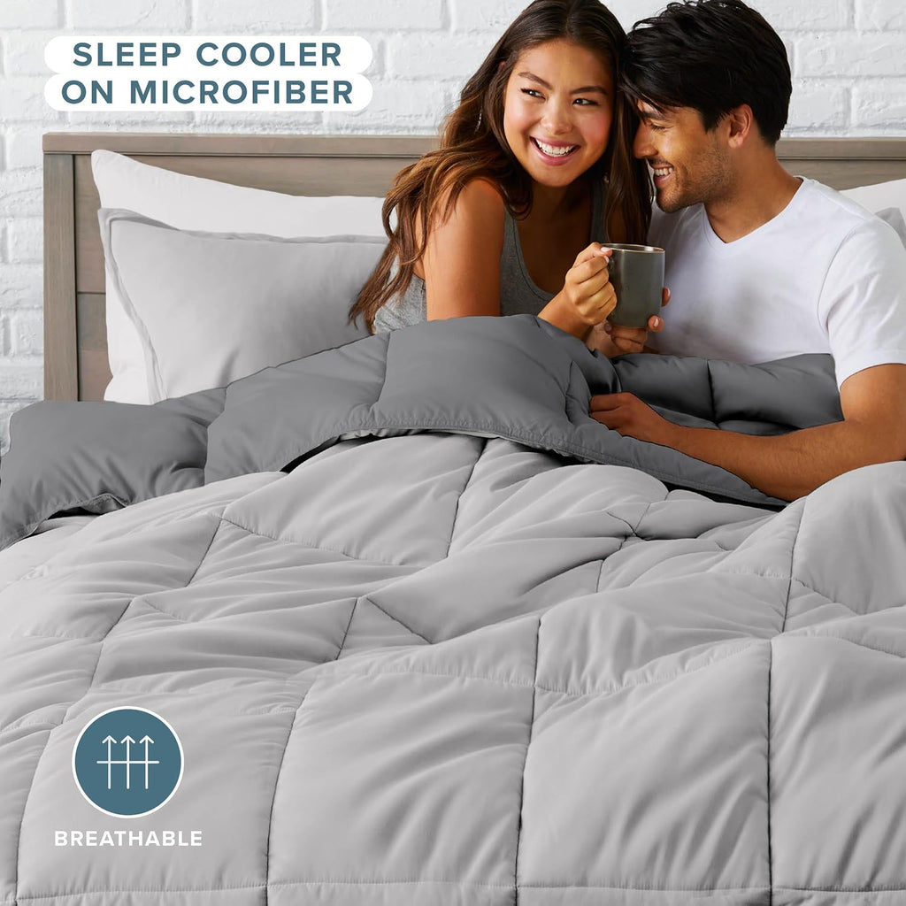 Bare Home Reversible Bed-in-A-Bag Comforter & Sheet Set - Queen - Down Alternative - Soft - Bedding Set (Queen, Light Grey/Grey)