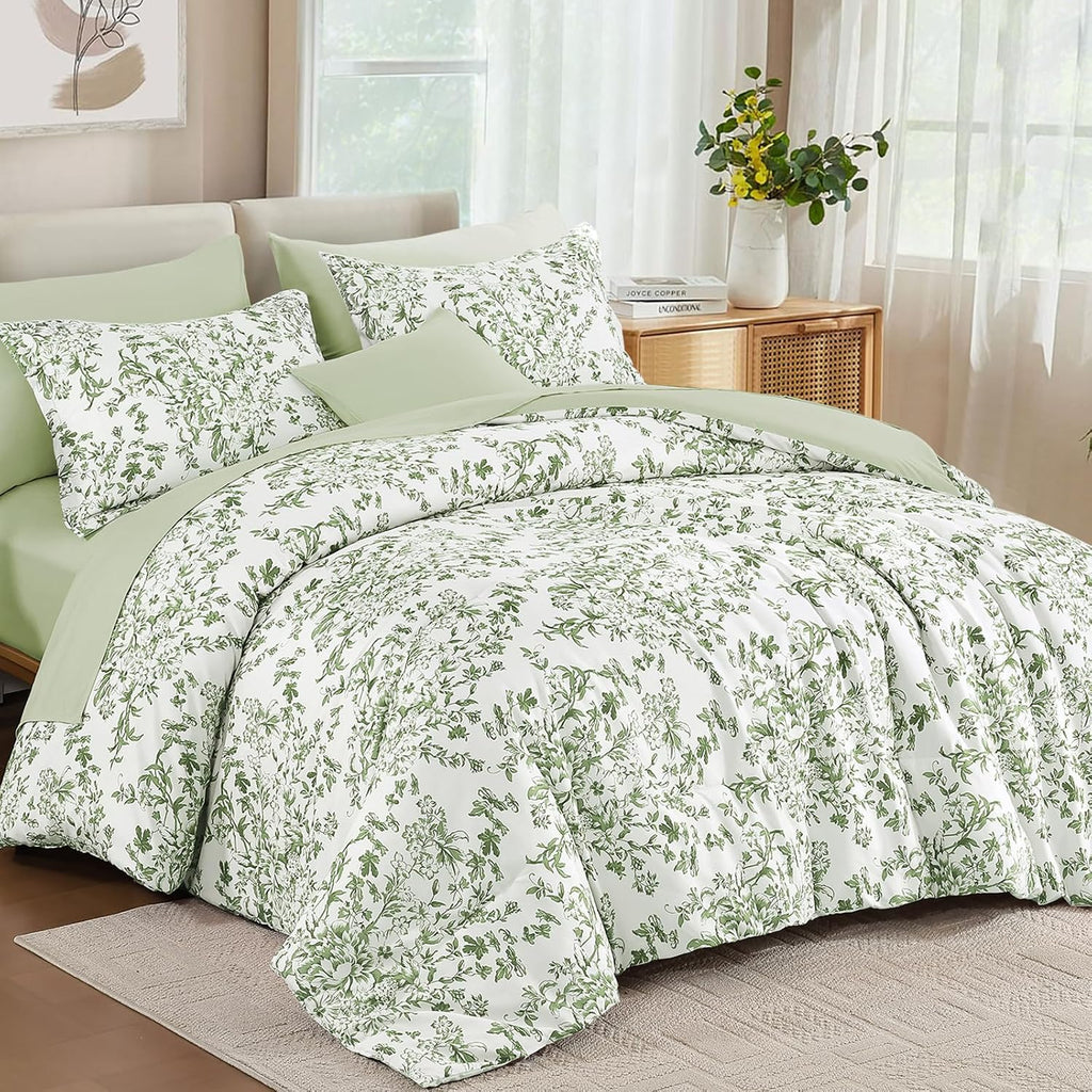 WONGS BEDDING 8 Pieces Queen Size Comforter Set Green, Sage Green Floral Bed in a Bag Comforter Sets, Soft Reversible Botanical Flowers Bedding Sets for All Season (90"x90")