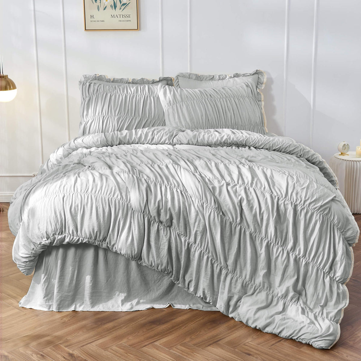 Bonlino Wheat Ruched Comforter Set Queen Size Ruffle Comforter Bedding