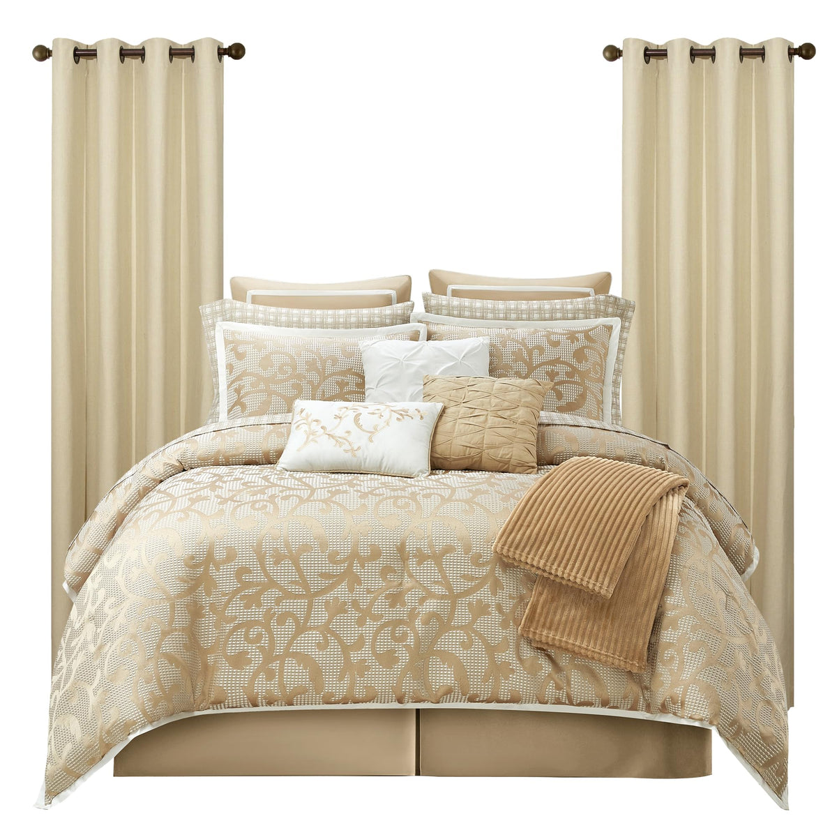 LANCO MODERN LIFESTYLE Taupe California King Comforter Set, Classic Jacquard Floral 14 Pieces Bedding Set, Ultra Soft for All Seasons, Sheets, Bedskirt, Throw,Matching Shams and Decor Pillows
