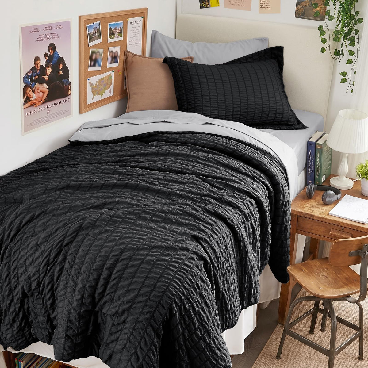 King Comforter Set - 7PCS Bed in a Bag, Seersucker Bedding Set, Dark Grey