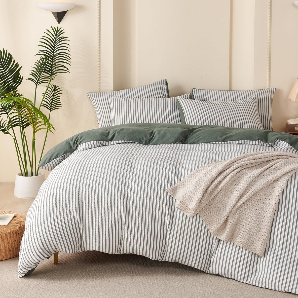 Comforter Set King Size Dusty Pink Soft Luxury Washed Microfiber Jacquard 3 Pieces Bedding Set, White Dusty Pink Vertical Ticking Stripes Comforter with 2 Pillowcases Breathable Durable Comfy
