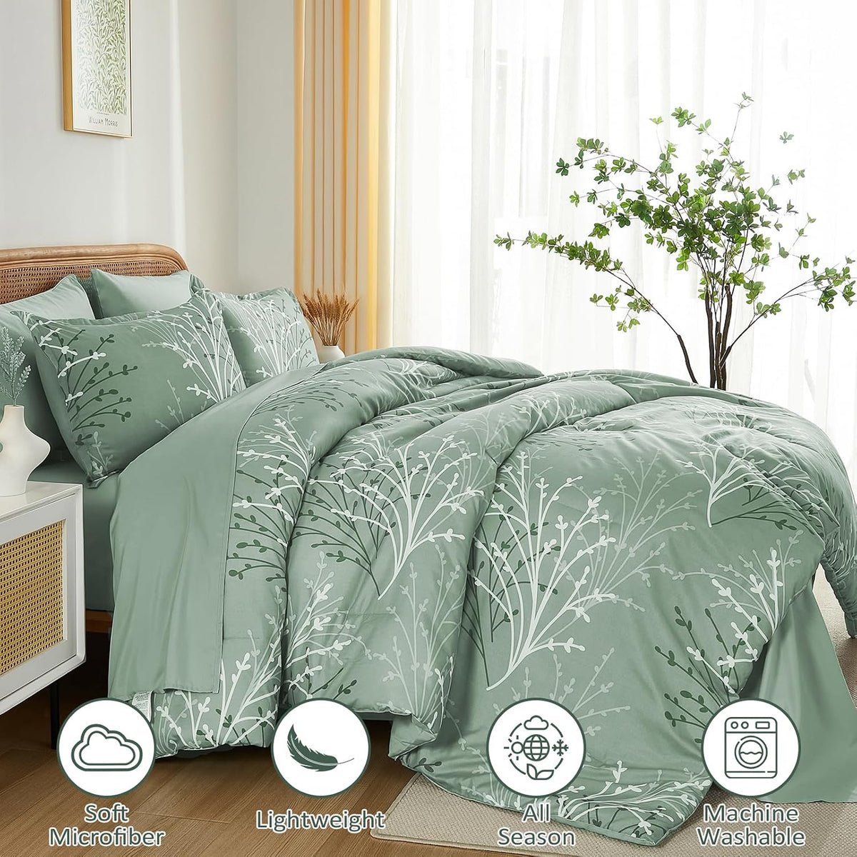 DJY Sage Green Comforter Set 7 Piece Branch Botanical Bed in a Bag