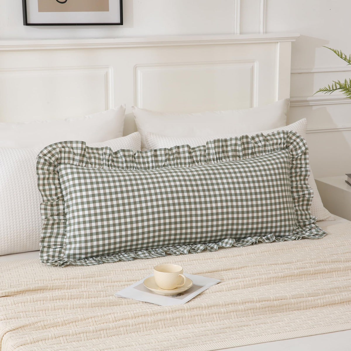 Taupe/White Plaid Ruffled Body Pillow Cover Washed Cotton 20"x54"