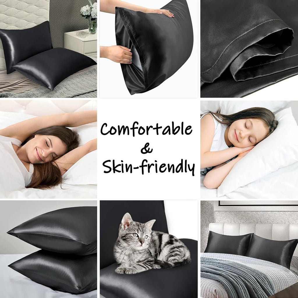 Silk Satin Pillow Cases Standard Size Set of 2 with Envelope Closure Skin & Hair Friendly Gifts for Women Men 20"x 26" Black