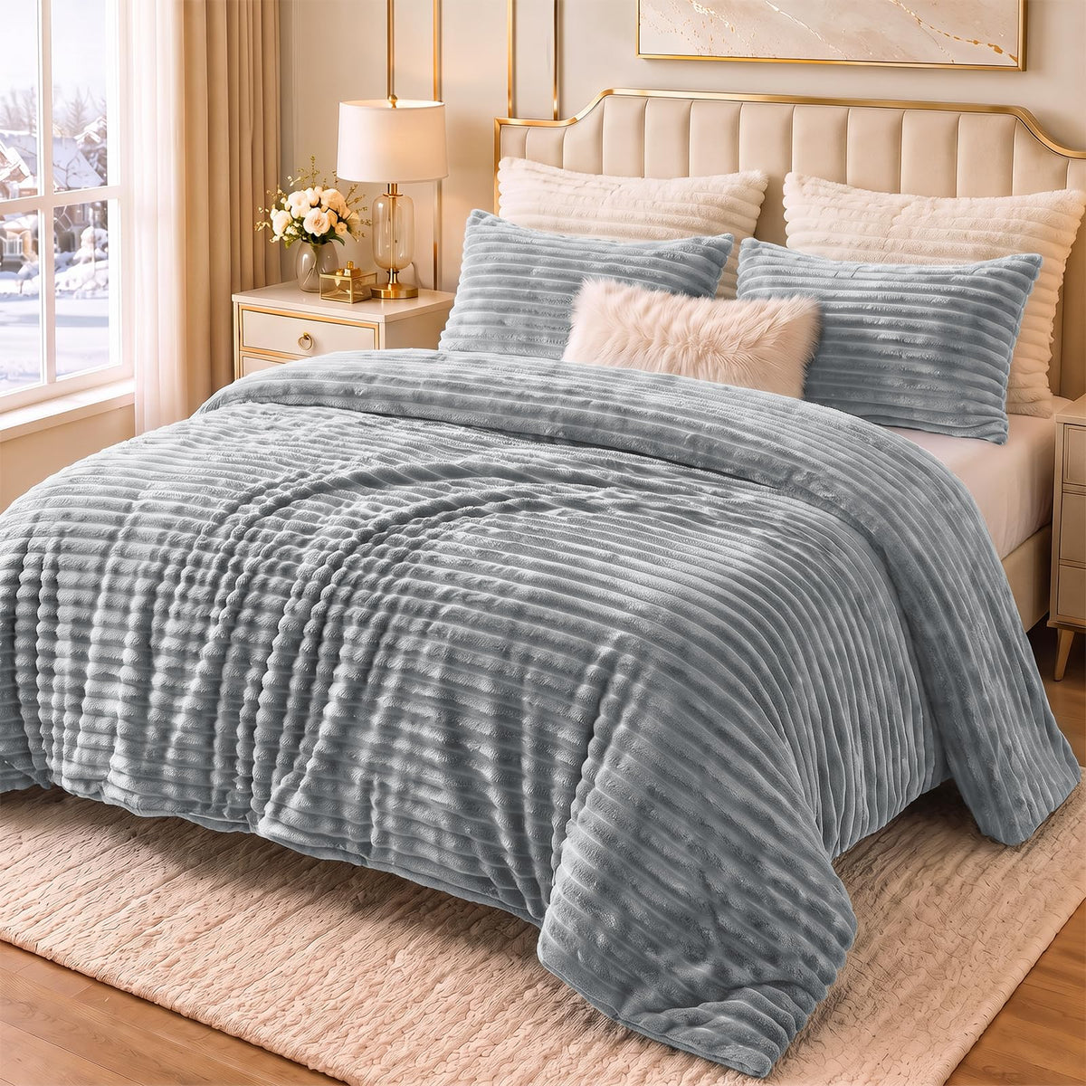 CozyLux Fleece Queen Comforter Set, 3 Piece Winter Warm Black Bedding