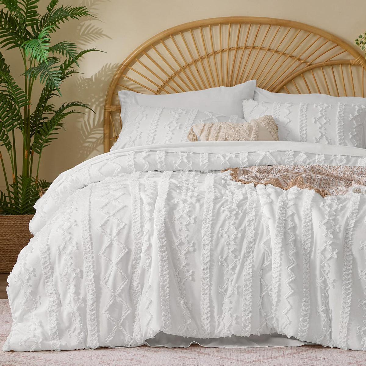 BEDELITE Queen Comforter Set 7 Pieces,Boho Bed in a Bag,Cream White