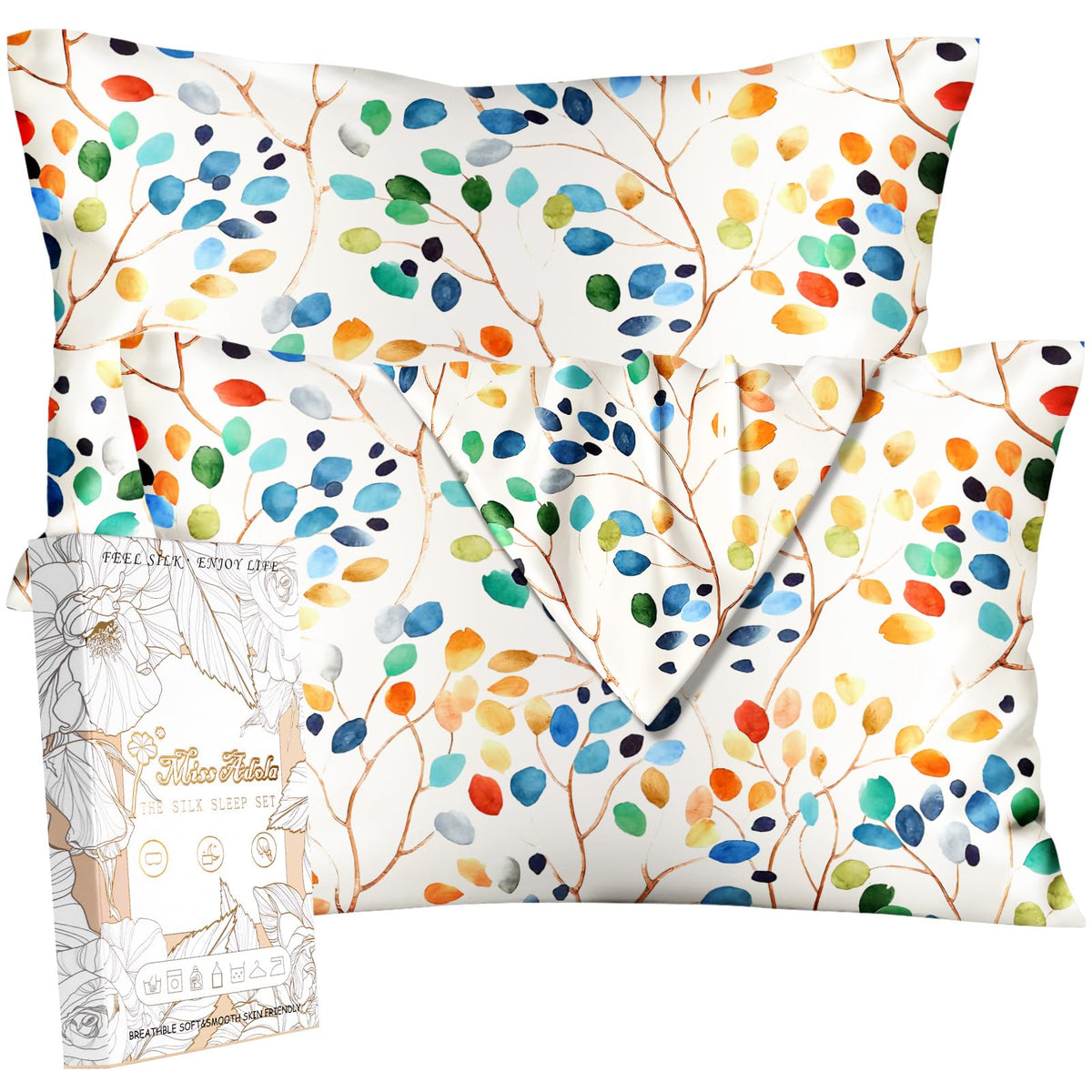Miss Adola 2pcs Silk Pillowcase with Hidden Zipper, BLK Grow Flower