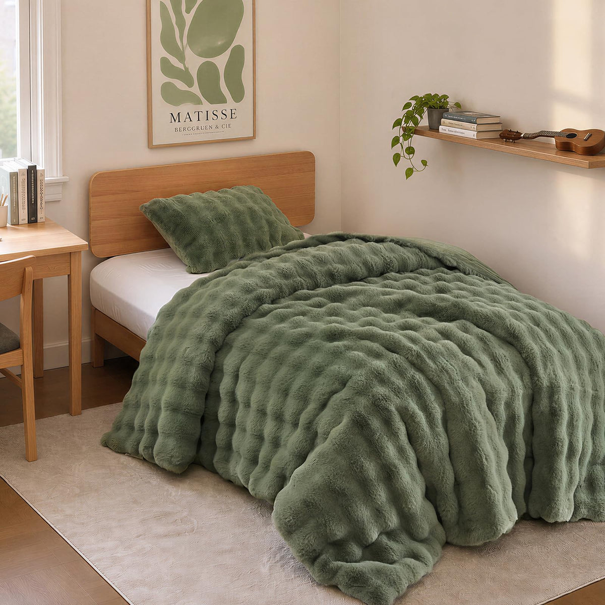 YIKUSH Queen Faux Fur Soft Comforter Set, Fluffy Linen Rabbit Fur Comforter