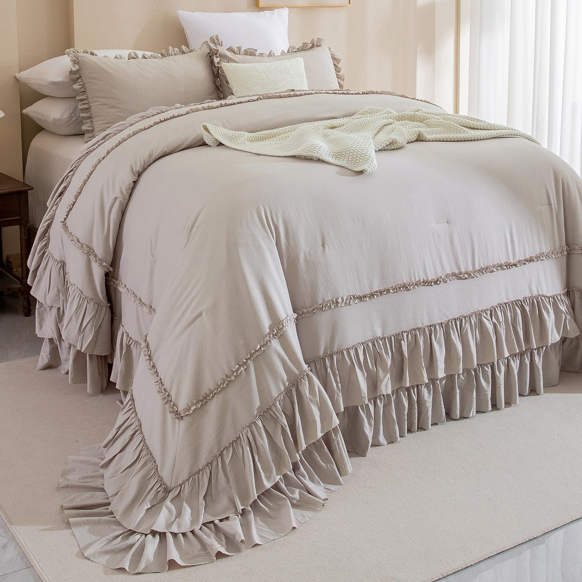 QSH Queen's House Light Blue Farmhouse Ruffled King Size Comforter Set,Lightweight Microfiber Inner Fill Fluffy Boho Chic Bedding Comforter,Ultra Soft Microfiber Inner Fill Bedding