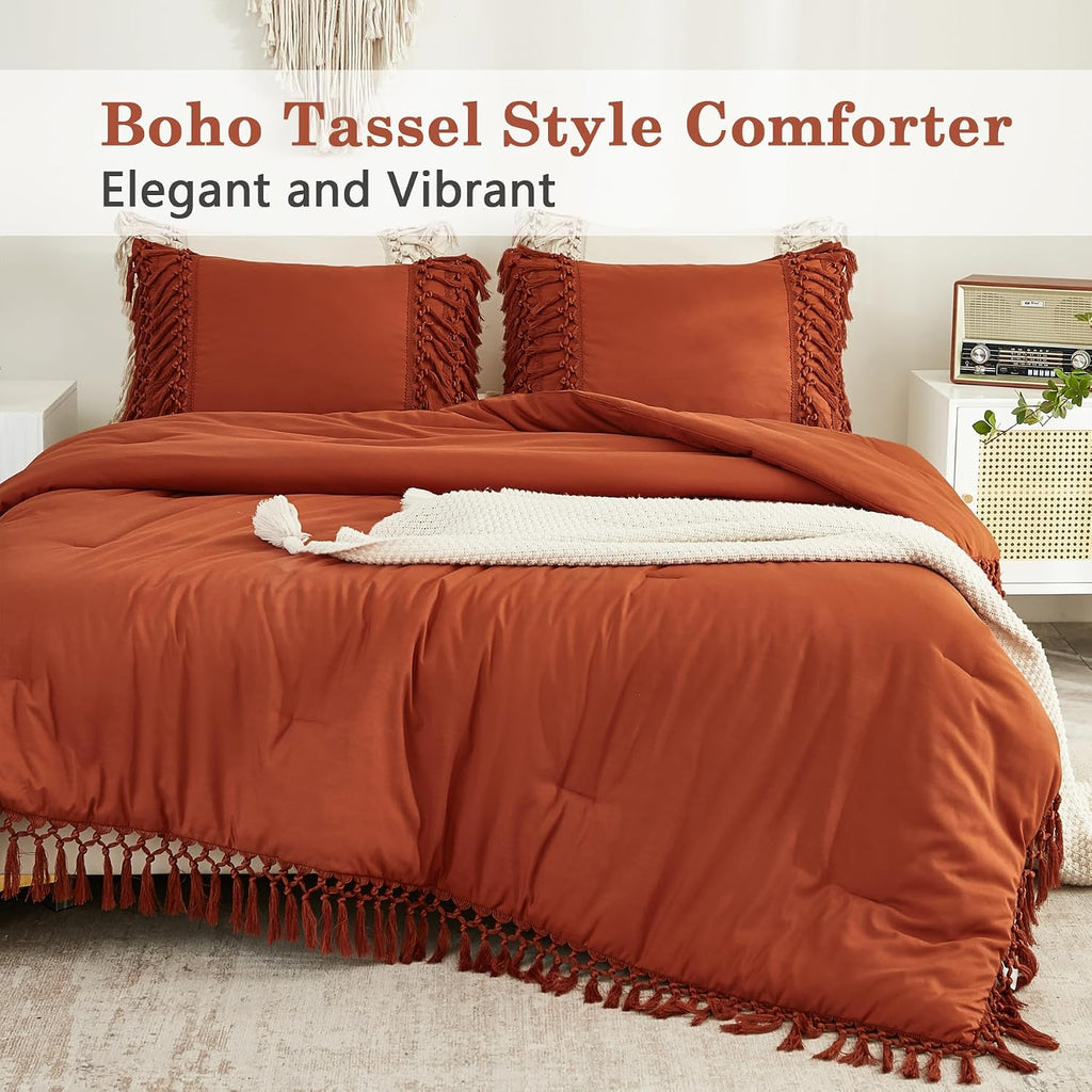 Andency Terracotta Comforter Set Full, 3 Pieces Boho Tassel Bedding