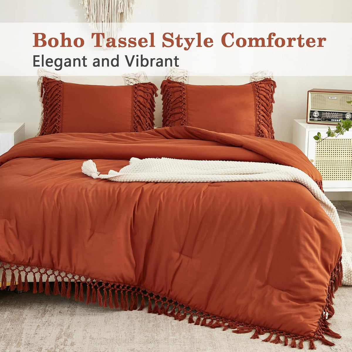 Andency Terracotta Comforter Set Full, 3 Pieces Boho Tassel Bedding