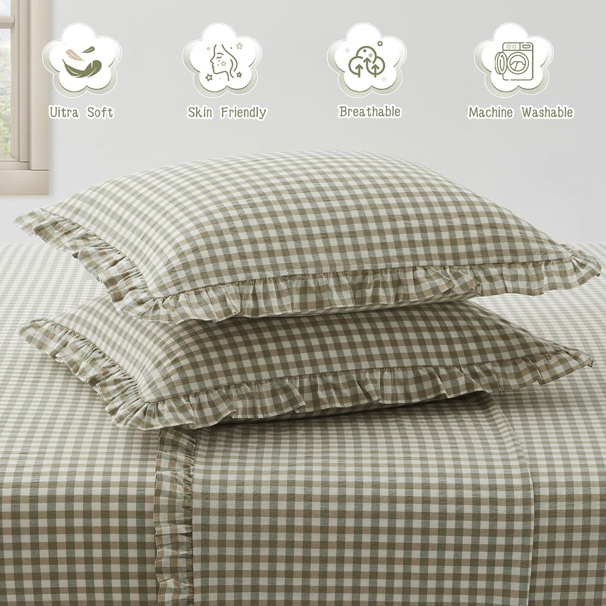 KKJIAF 2 Pcs Plaid Ruffle Pillow Case Standard Size, Sage Green Plaid