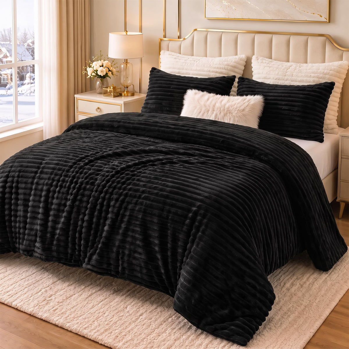 CozyLux Fleece Queen Comforter Set, 3 Piece Winter Warm Black Bedding