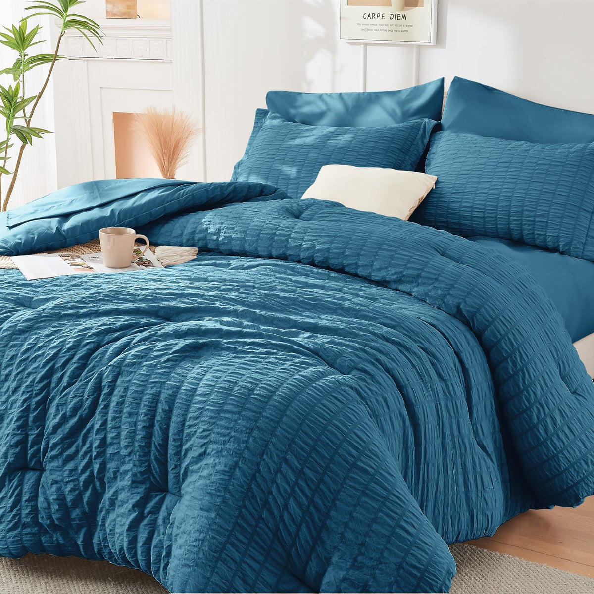 King Comforter Set - 7PCS Bed in a Bag, Seersucker Bedding Set, Dark Grey