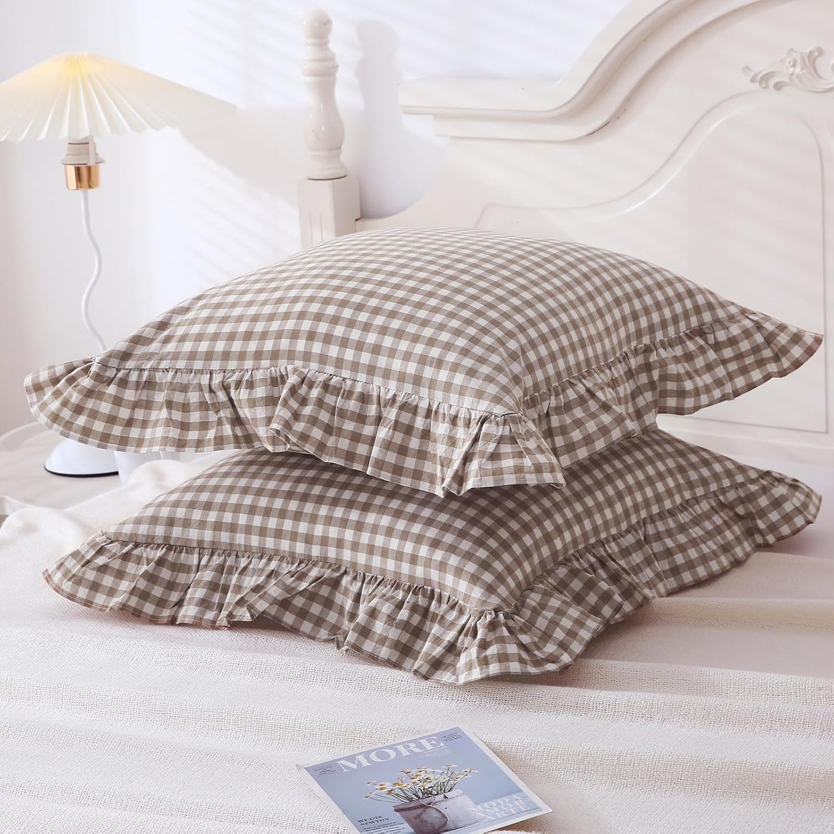 Mywinlle Taupe Plaid Gingham Ruffle Decorative Throw Pillow Covers 18"x18"