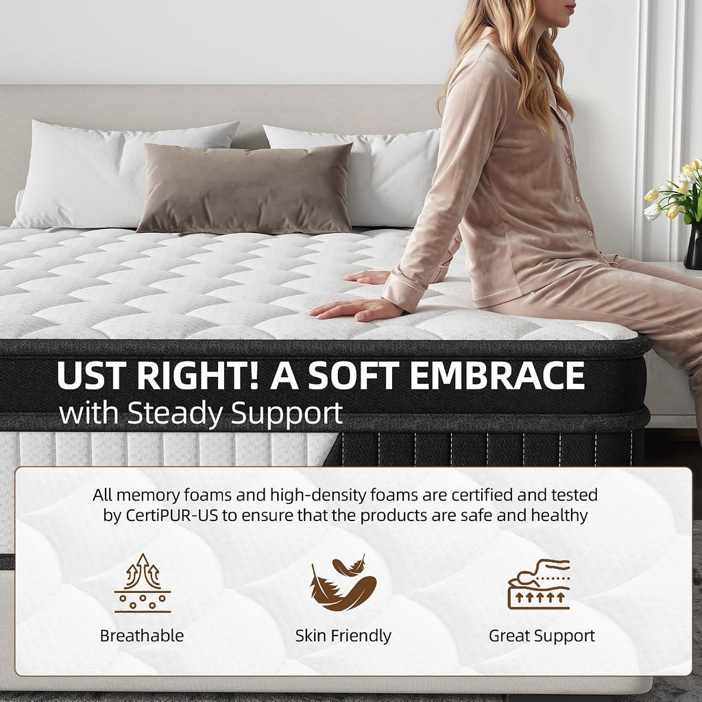 12 Inch Queen Mattress Individually Wrapped Coil Hybrid, Cooling Knitted Cover & Ventilated Foam, Medium Soft with Targeted Body Support, Certified Fire-Resistant, Bed in a Box