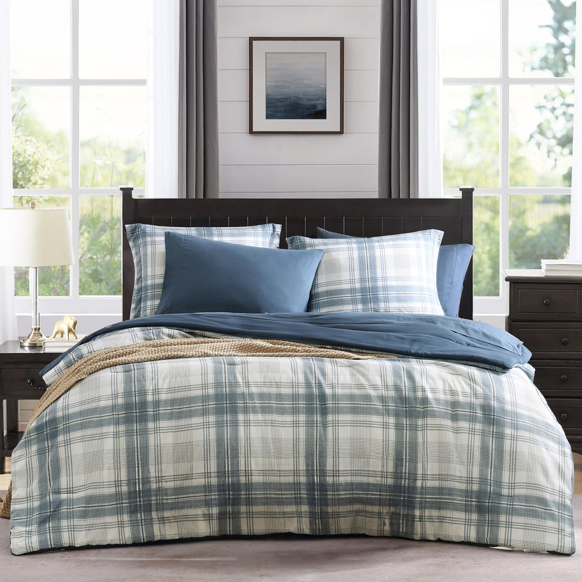 MaiRêve Plaid Queen Comforter Set Navy Blue 7 Pieces Bed in a Bag