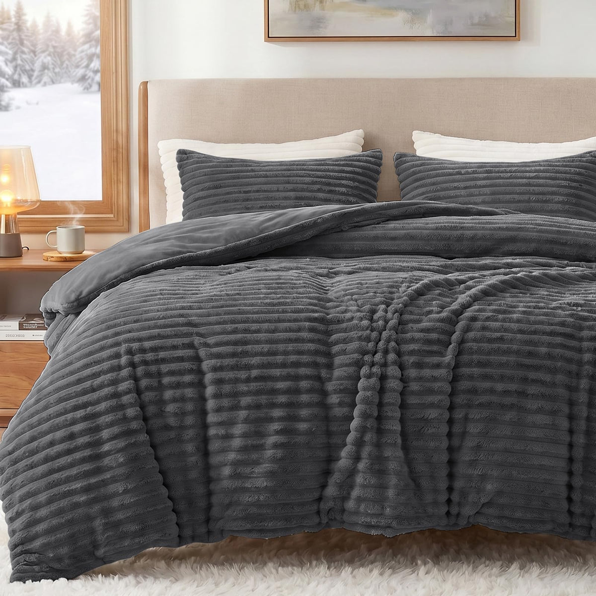 CozyLux Fleece Queen Comforter Set, 3 Piece Winter Warm Black Bedding