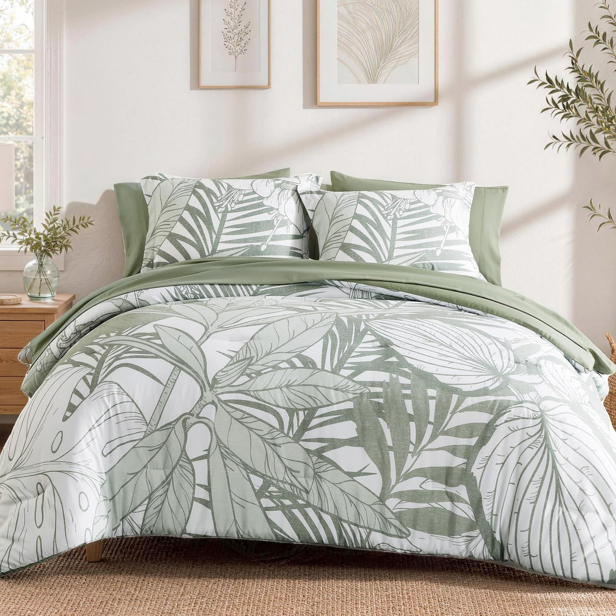 King Size Comforter Set-7 Pieces Floral Green Bed in a Bag King Bedding Set