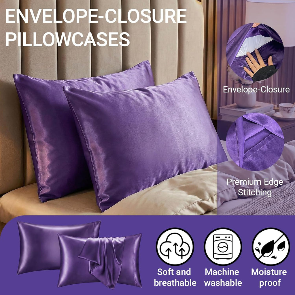 2 Pack Satin Pillowcases Purple Standard Size 20x26 Inch