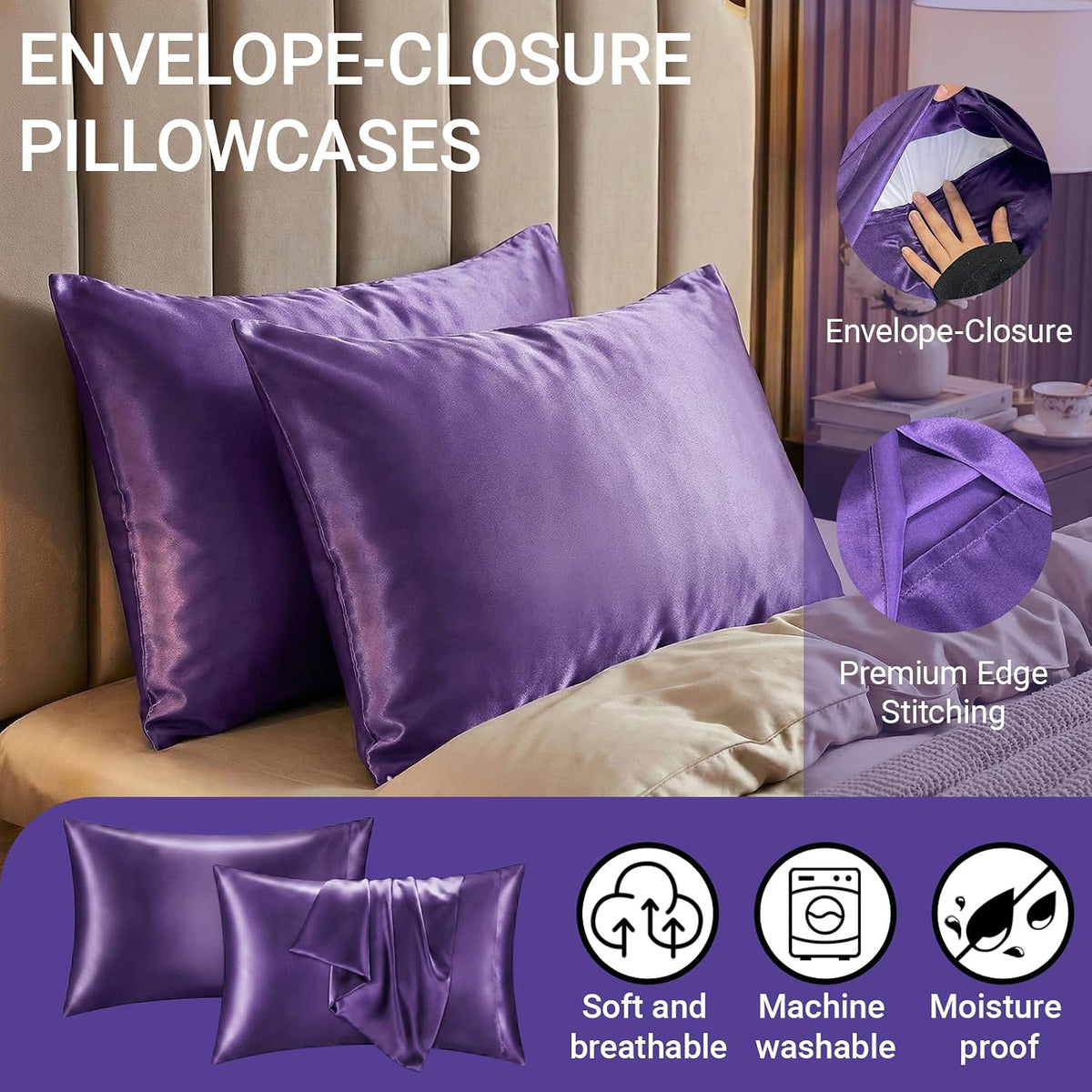 2 Pack Satin Pillowcases Purple Standard Size 20x26 Inch