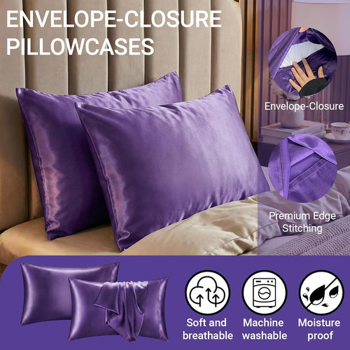 2 Pack Satin Pillowcases Purple Standard Size 20x26 Inch