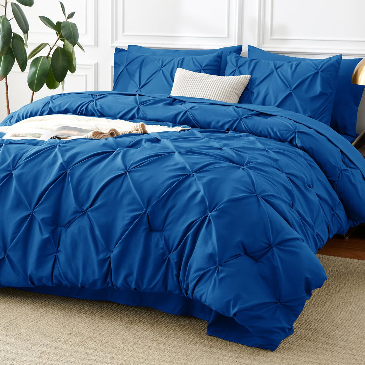 CozyLux Queen Comforter Set Black, 7 Pieces Pintuck Bed in a Bag
