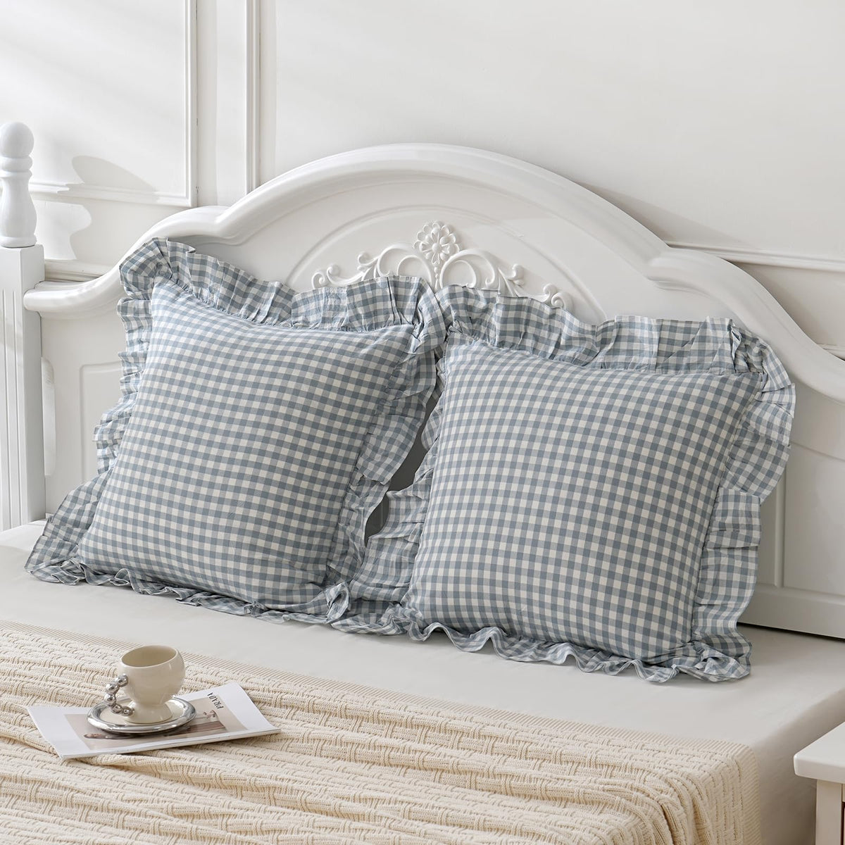 Taupe/White Plaid Ruffled Body Pillow Cover Washed Cotton 20"x54"