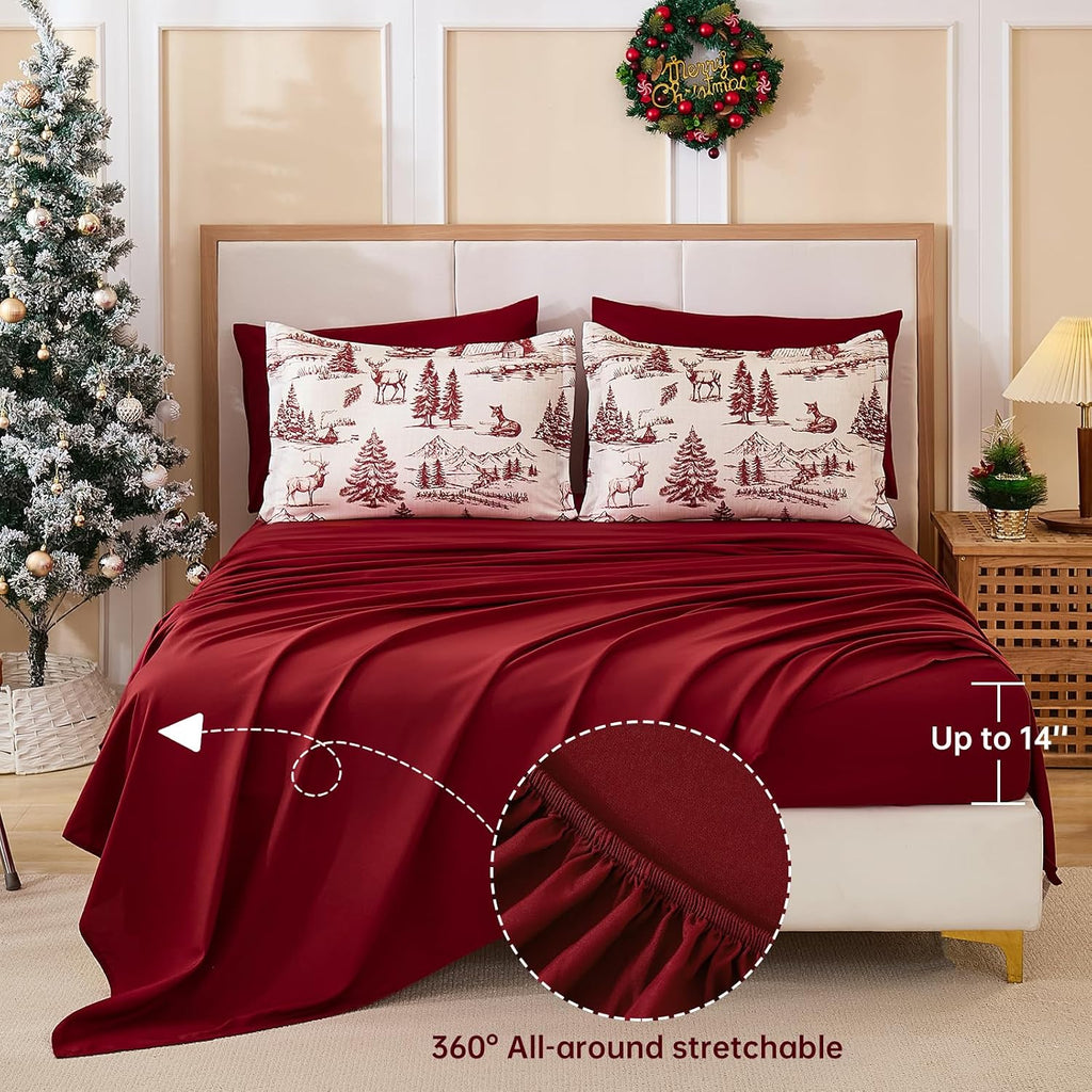 Yiran Red Christmas Comforter Set King, 7 Pieces Xmas Cabin Woods Bedding