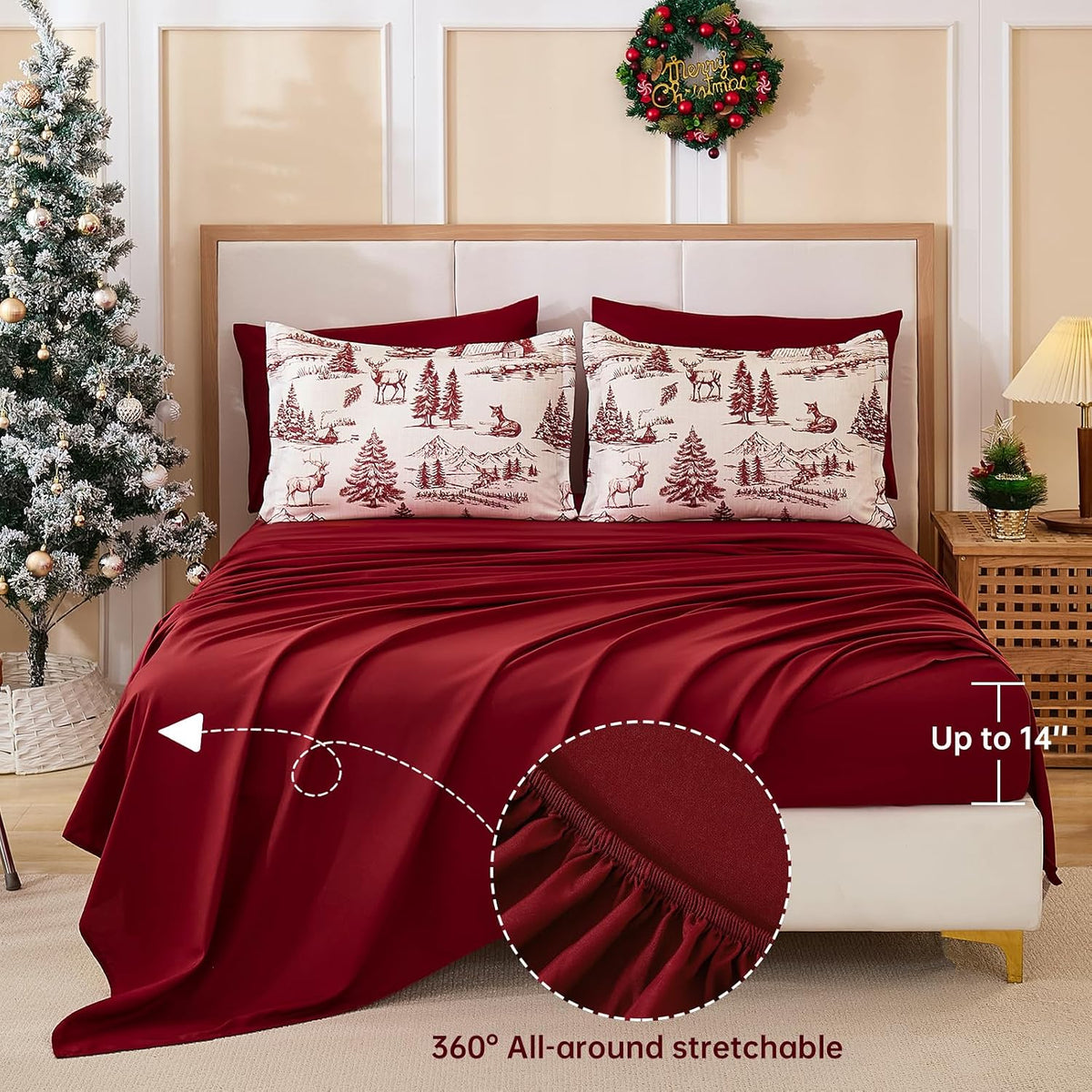 Yiran Red Christmas Comforter Set King, 7 Pieces Xmas Cabin Woods Bedding
