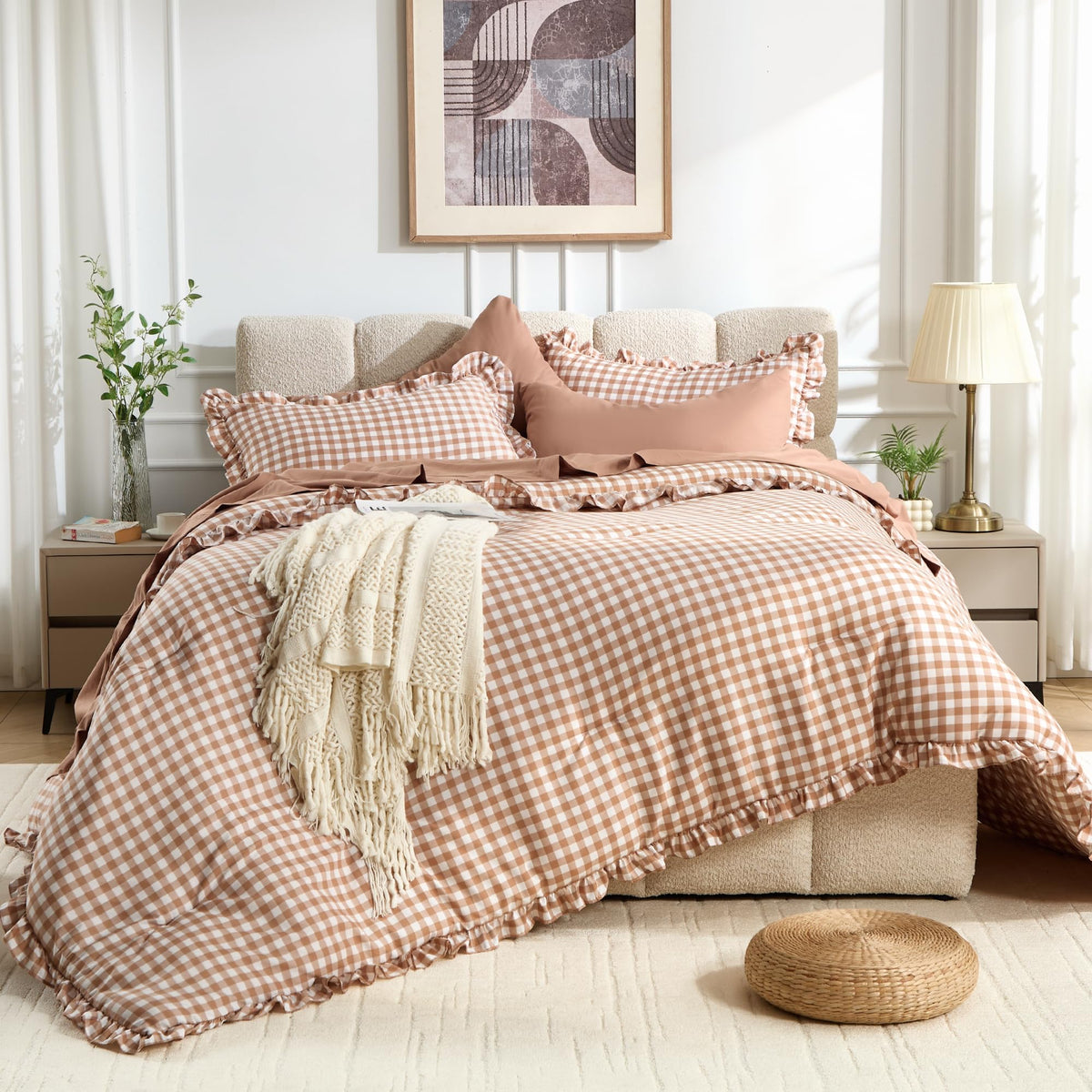 BDEUS 7 Pieces Gingham Ruffle Comforter Set Queen Size, Blue Grid Tartan Bedding Set, Soft Breathable Fabric Comforter with Flat Sheet, Fitted Sheet, 2 Pillowcases & 2 Shams, 88"X88"