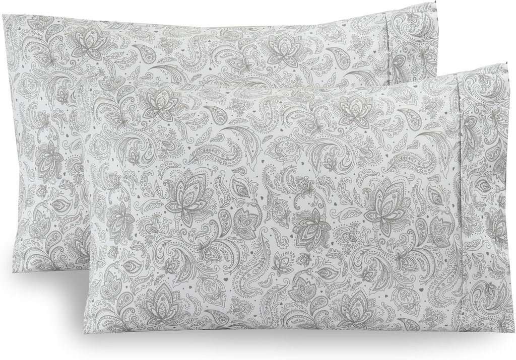 Elegant Comfort Ultra Soft Set of 2 Floral Print Pillowcases - 1500 Premium Hotel Quality Microfiber, Soft and Smooth Envelope Closure 2-Piece Pillow Covers - Standard/Queen, Paisley Gray