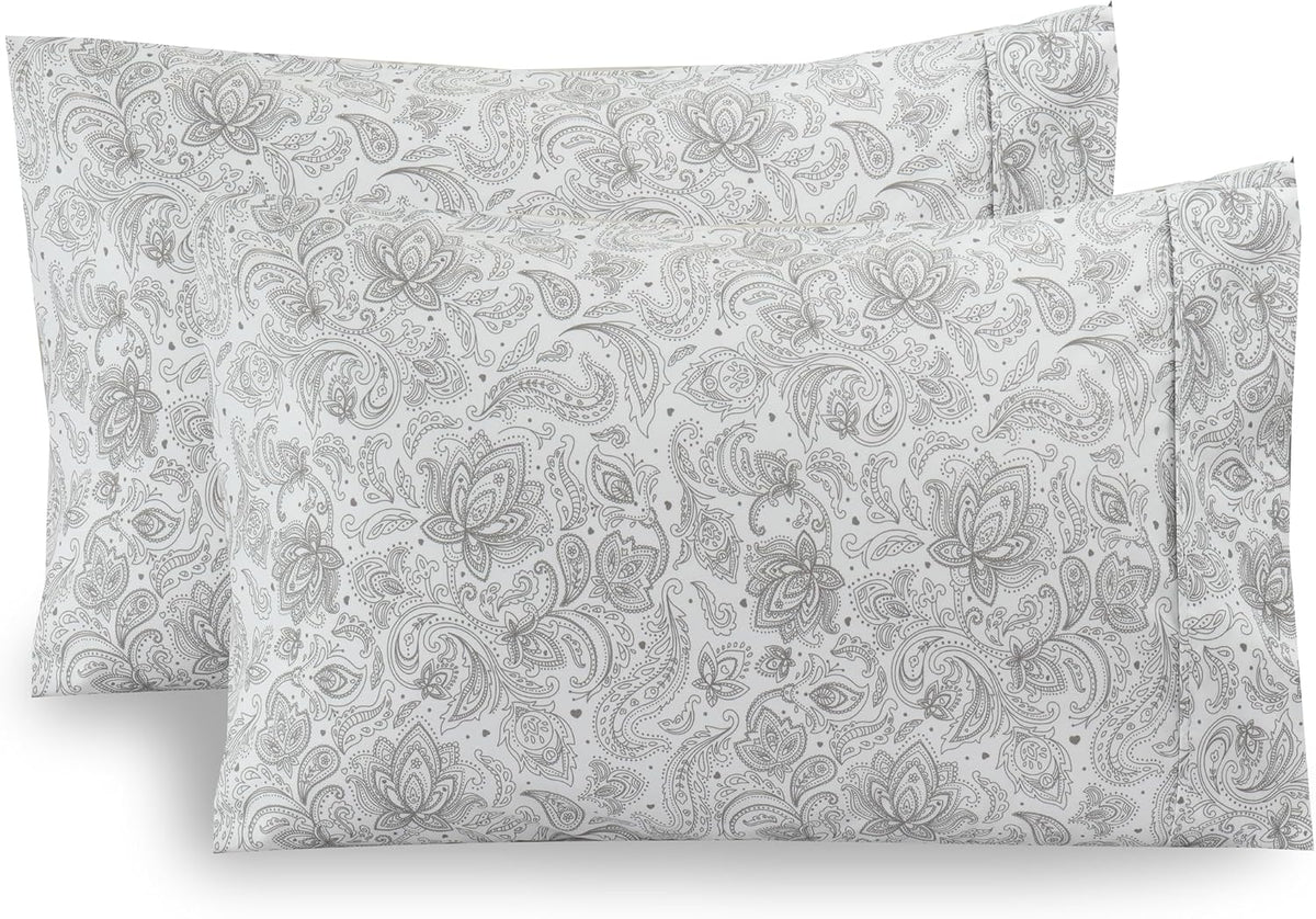 Elegant Comfort Ultra Soft Set of 2 Floral Print Pillowcases - 1500 Premium Hotel Quality Microfiber, Soft and Smooth Envelope Closure 2-Piece Pillow Covers - Standard/Queen, Paisley Gray