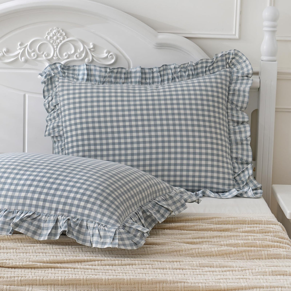 Taupe/White Plaid Ruffled Body Pillow Cover Washed Cotton 20"x54"
