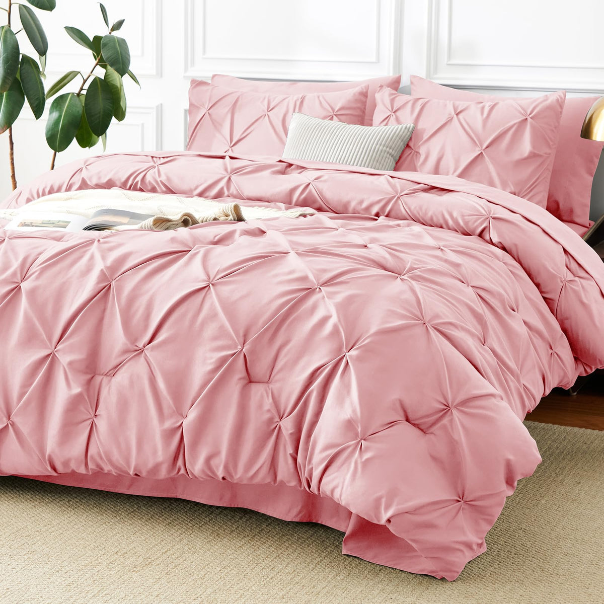 CozyLux Queen Comforter Set Black, 7 Pieces Pintuck Bed in a Bag